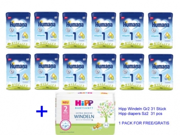 Humana 1 750g (12 boxes) add 1 pack of HIPP diapers Sz2 for free