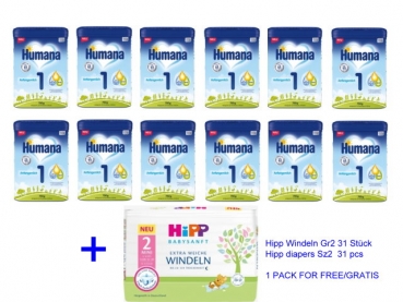 Humana 1 750g (12 boxes) + 1 pack of HIPP diapers Sz2 for free