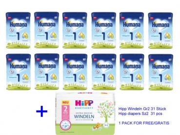 Humana 1 750g (12 Packungen) zzgl. 1 Packung Hipp Windeln Gr.2 Gratis