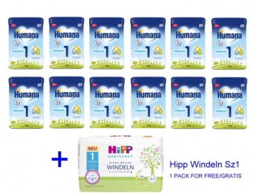 Humana 1 750g (12 Packungen) zzgl. 1 Packung Hipp Windeln Gr.1 Gratis