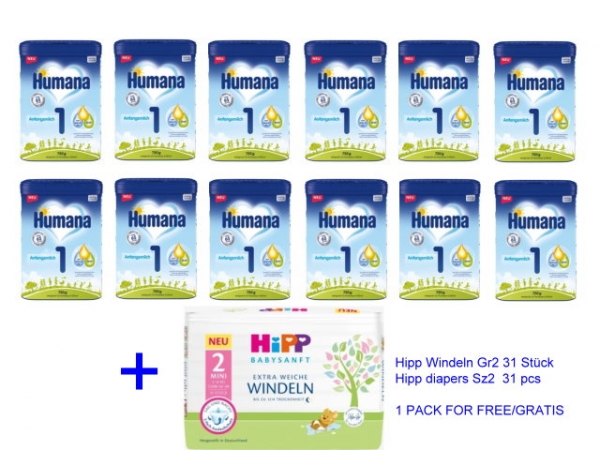 Humana 1 750g (12 Packungen) zzgl. 1 Packung Hipp Windeln Gr.2 Gratis
