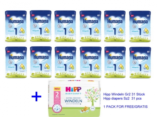 Humana 1 750g (12 boxes) + 1 pack of HIPP diapers Sz2 for free